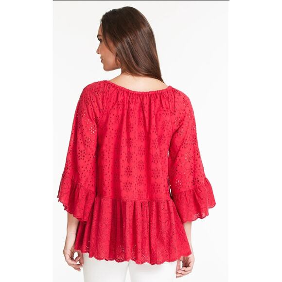 John Mark Red Eyelet Peasant Blouse Top, Cotton, Ruffle Sleeves sz XL - Picture 2 of 12